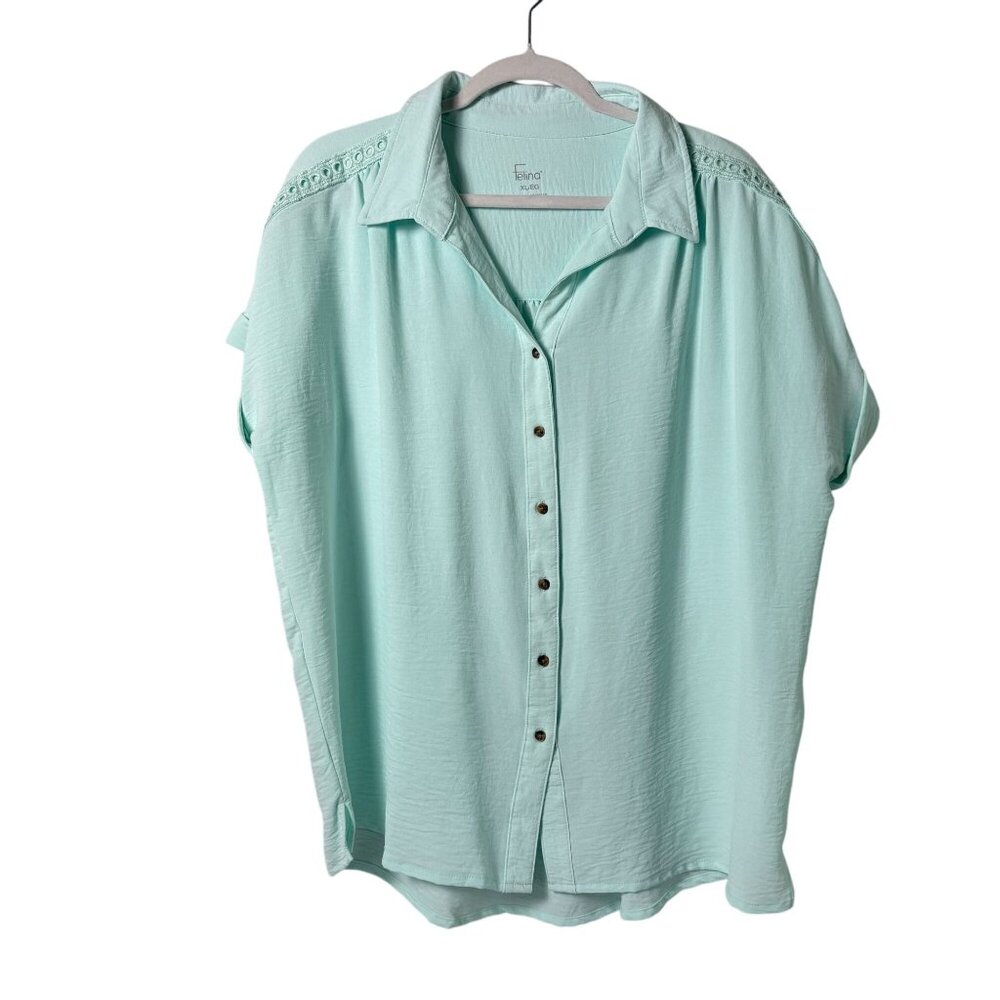Felina Button Front Top Size XL Green Short‎ Sleeve Casual Cuffed Sleeve